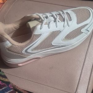 Women's White and Tan Mesh Sneakers